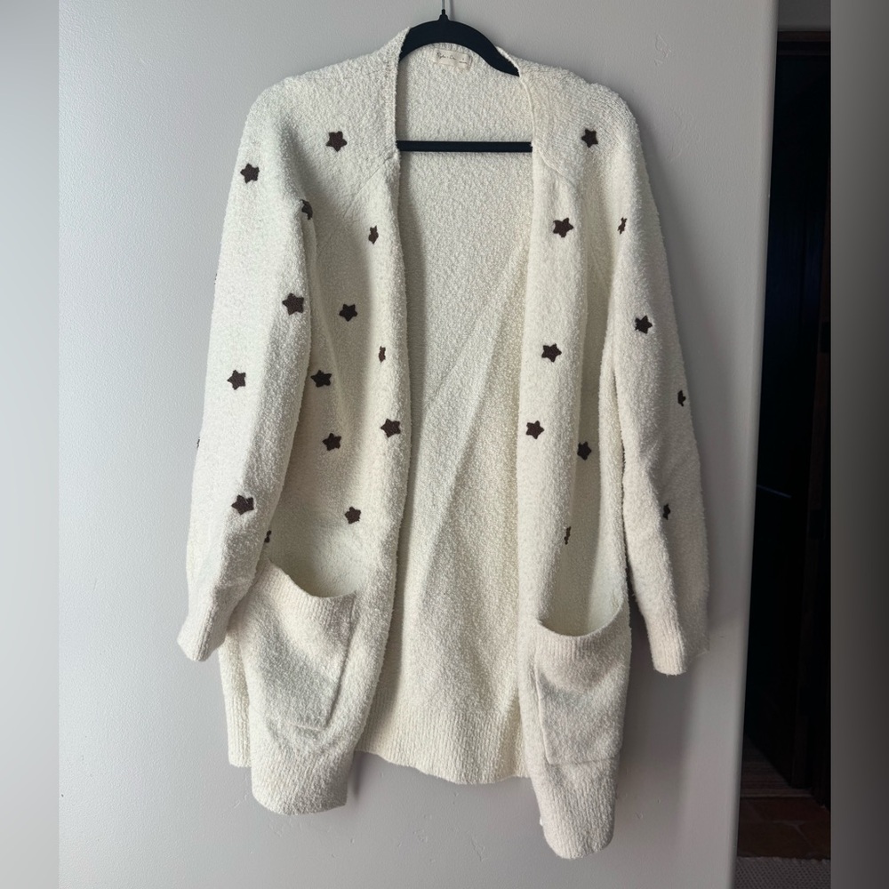 Rylee + Cru Longline Star Print Cardigan Cozy Coquette Scandi Neutral Knit L